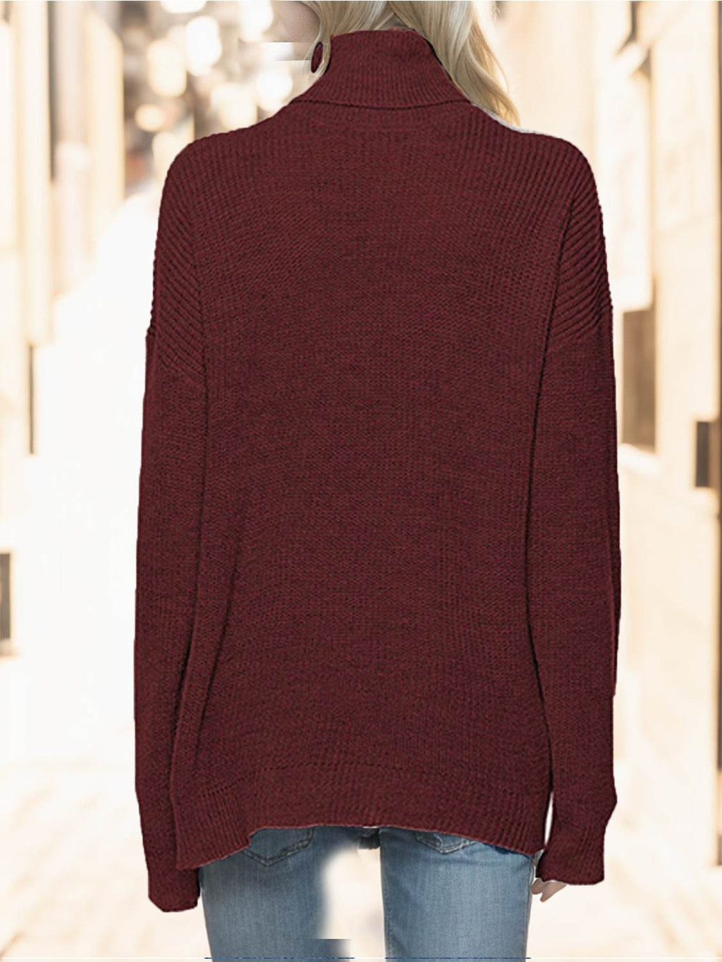 Turtleneck Drop Shoulder Long Sleeve Sweater - Delanoir