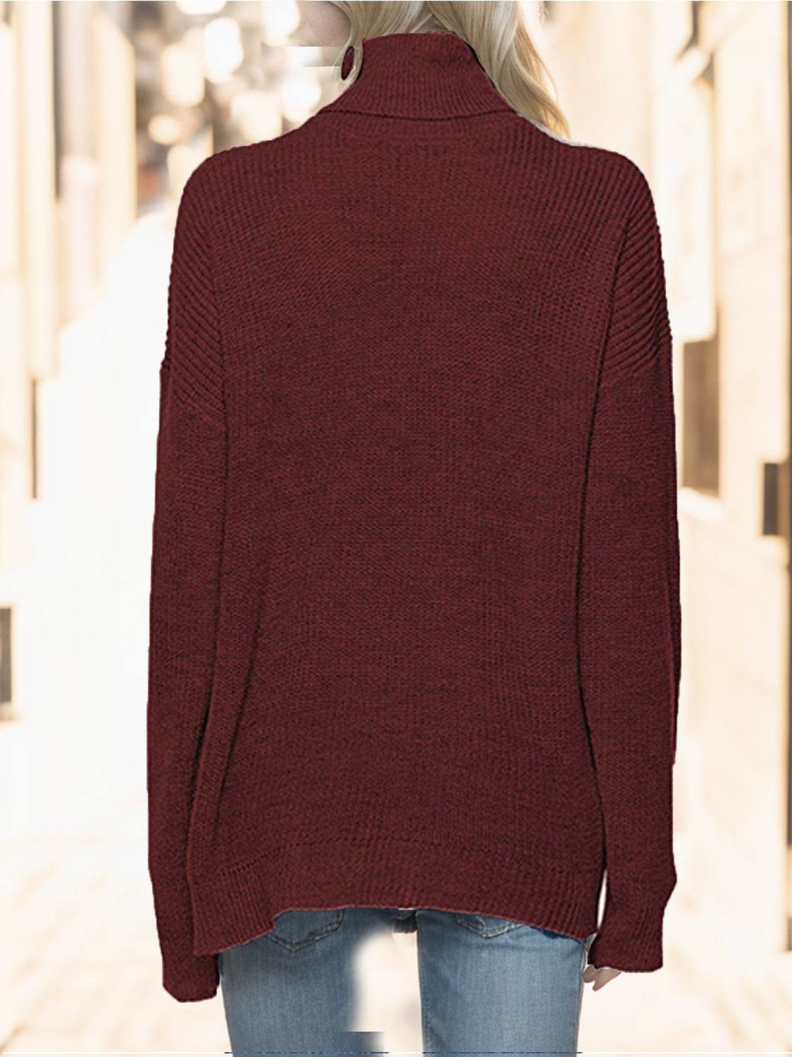 Turtleneck Drop Shoulder Long Sleeve Sweater - Delanoir
