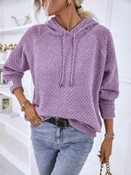 Texture Drawstring Long Sleeve Hooded Sweater - Delanoir