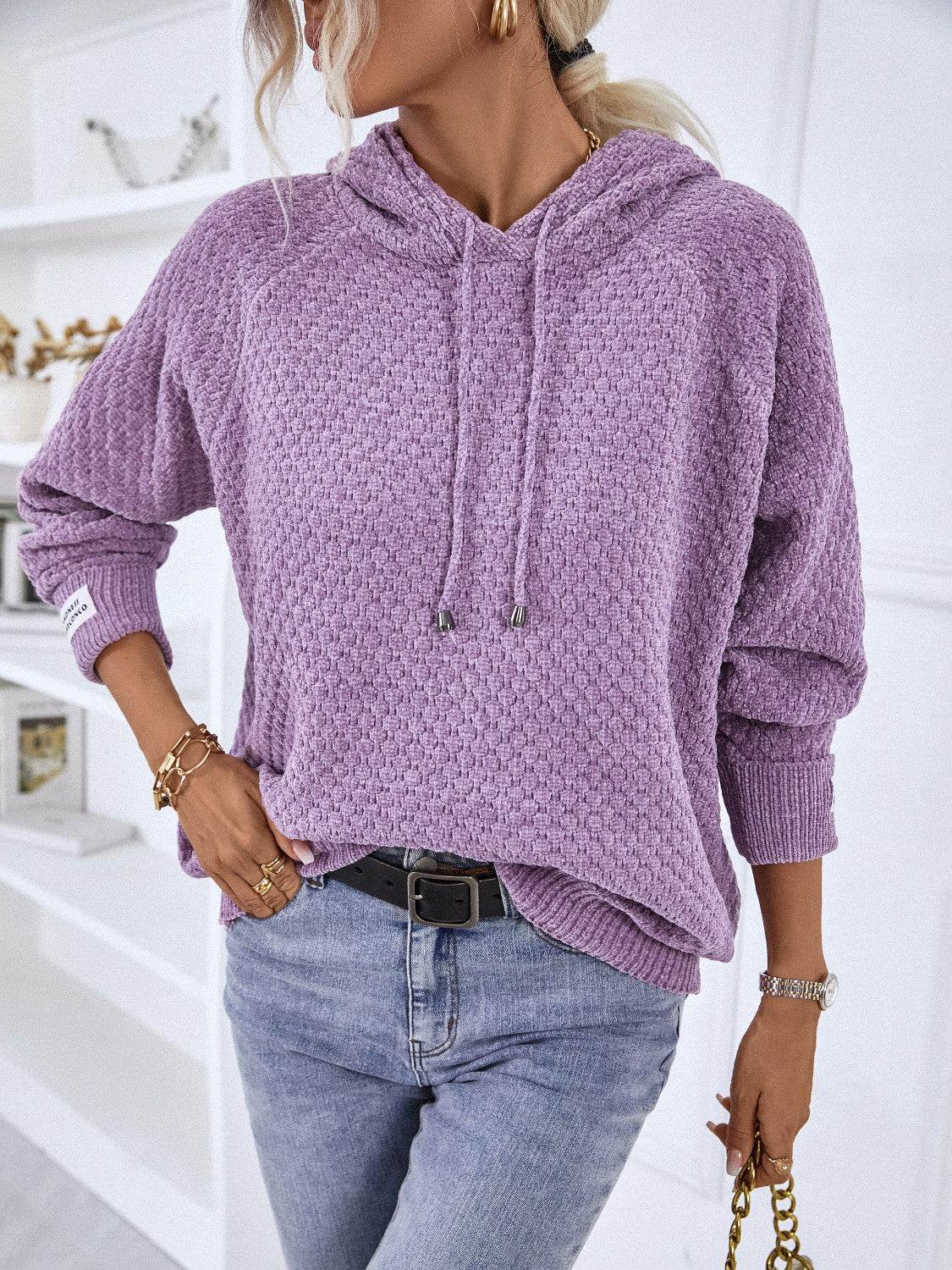 Texture Drawstring Long Sleeve Hooded Sweater - Delanoir
