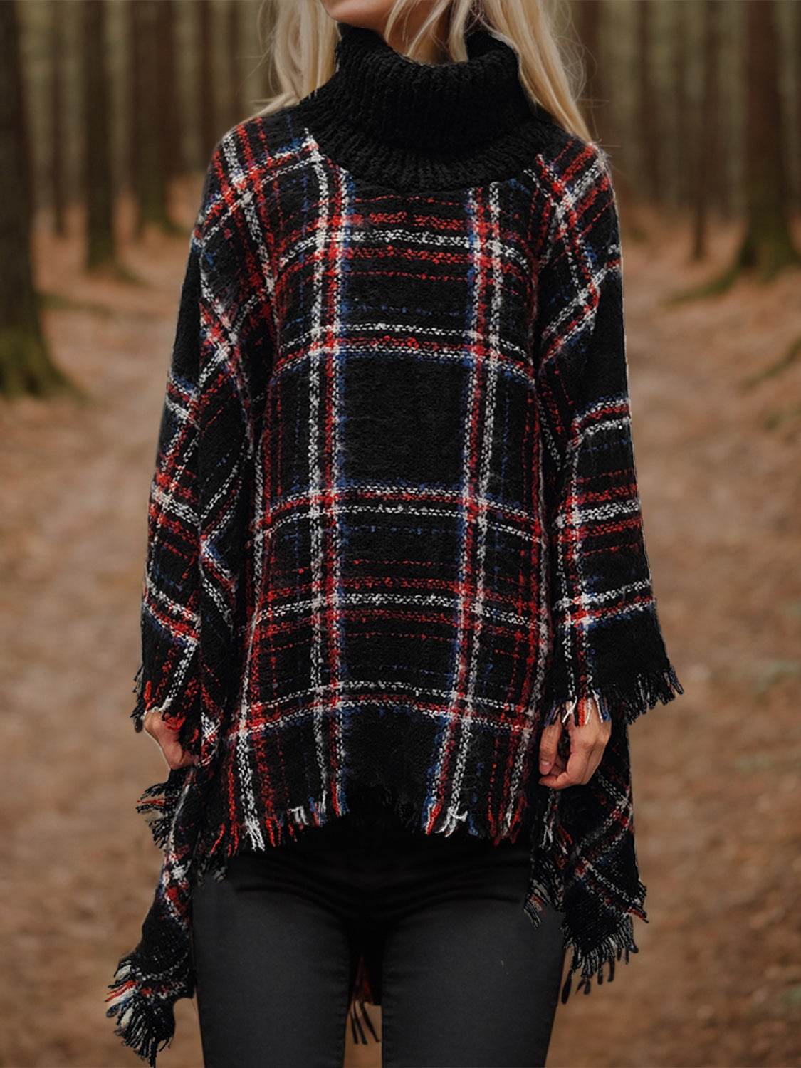 Shiny Turtleneck Plaid Raw Hem Sweater - Delanoir