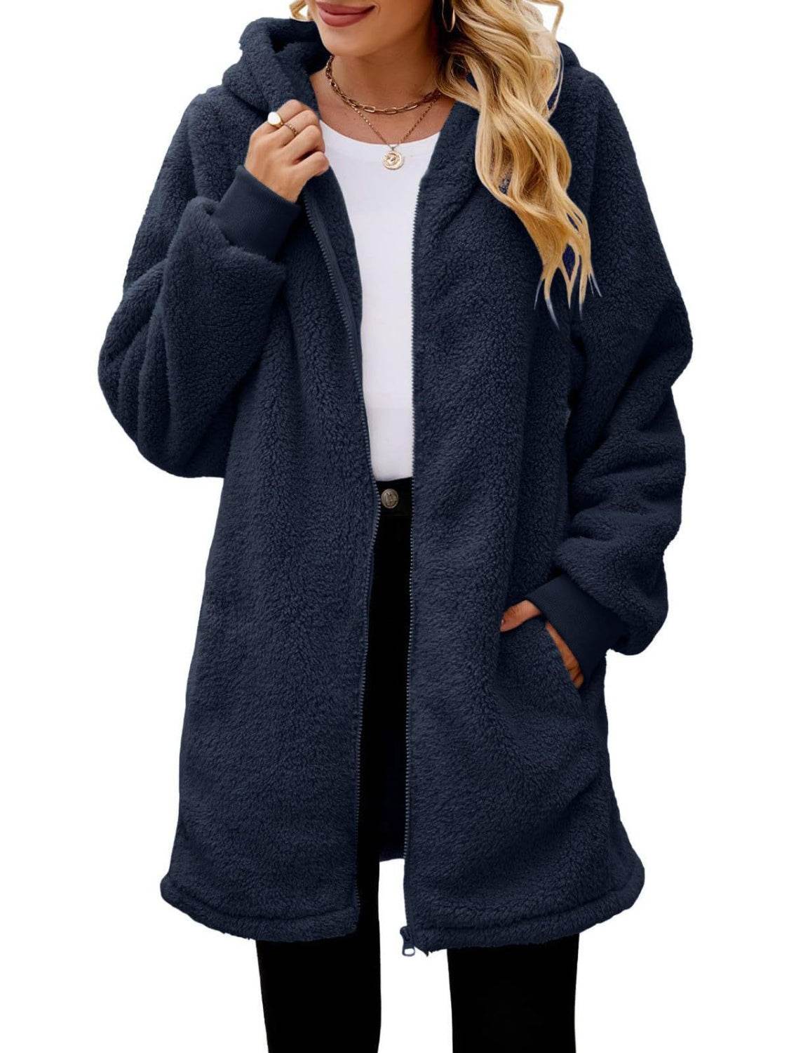 Fuzzy Pocketed Zip Up Long Sleeve Hooded Jacket - Delanoir