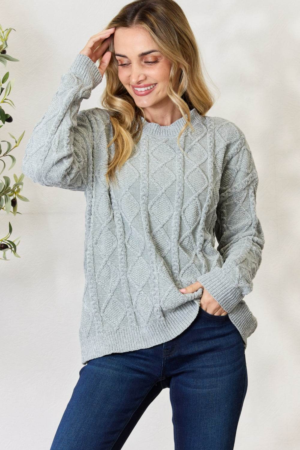 BiBi Cable Knit Round Neck Sweater - Delanoir