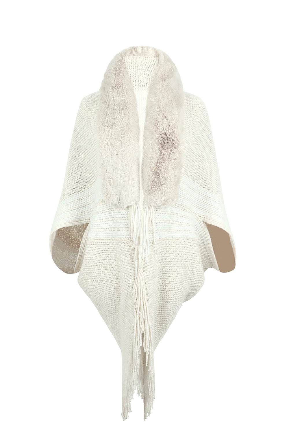 Striped Fringe Detail Long Sleeve Poncho - Delanoir