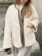 Contrast Button Up Sherpa Jacket with Pockets - Delanoir
