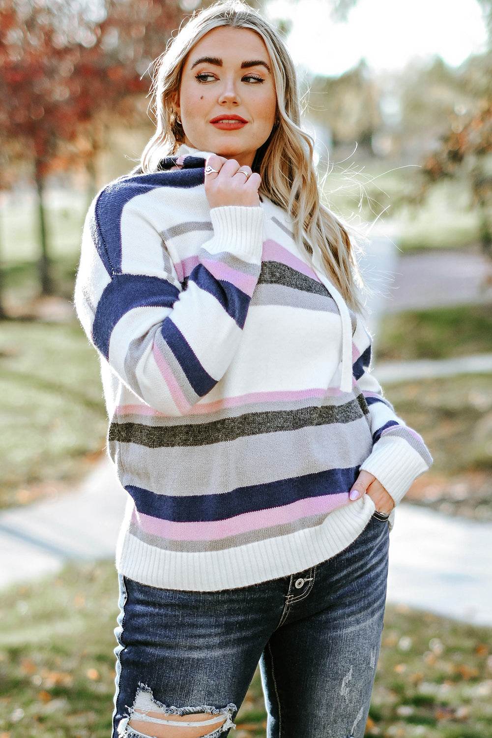 Plus Size Striped Long Sleeve Hooded Sweater - Delanoir