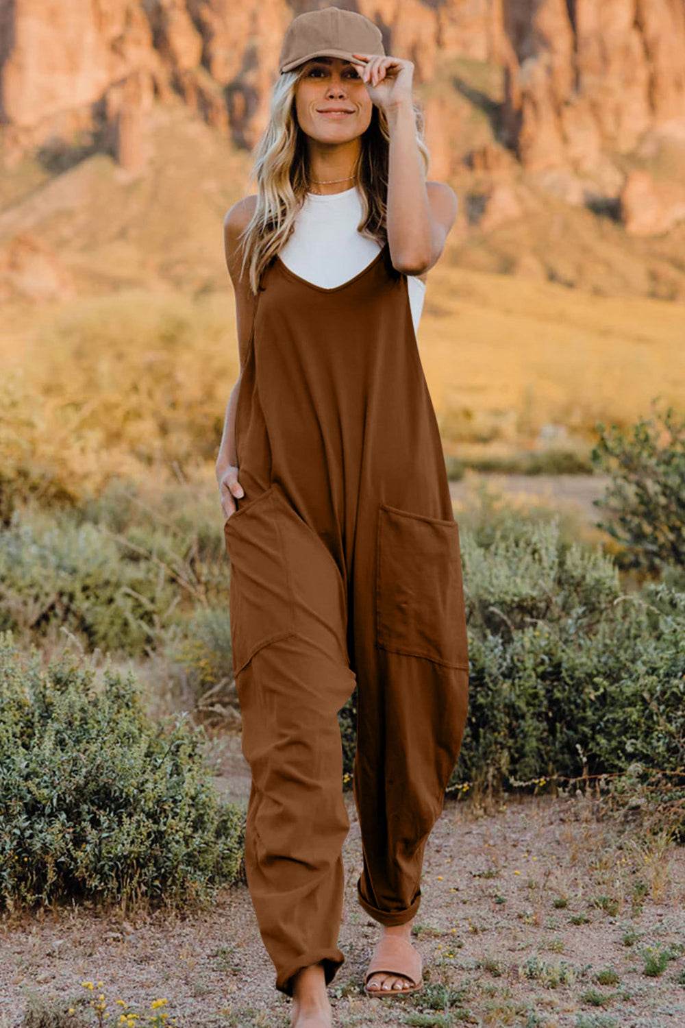 Double Take Full Size V-Neck Sleeveless Jumpsuit with Pockets - Delanoir