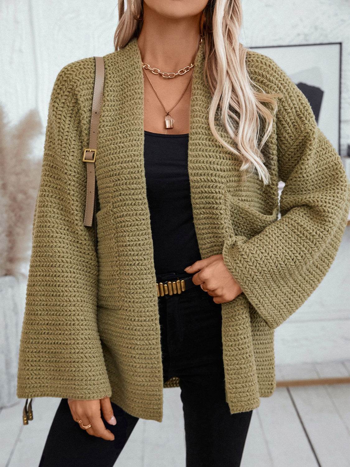 Open Front Long Sleeve Cardigan - Delanoir