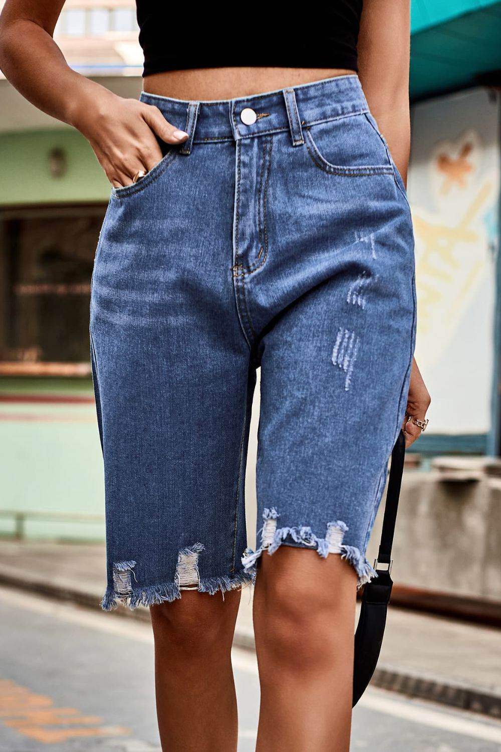 Raw Hem High Waist Denim Shorts with Pockets - Delanoir