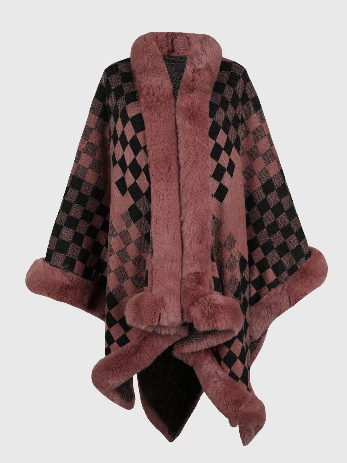 Checkered Faux Fur Trim Poncho - Delanoir