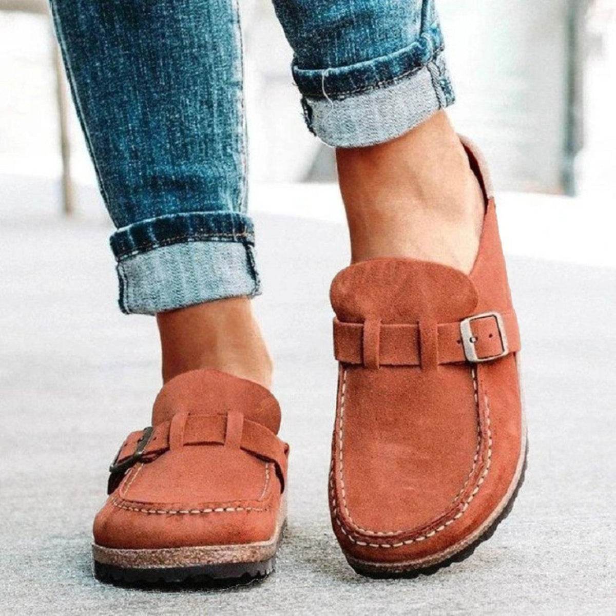 Round Toe Low Heel Buckle Loafers - Delanoir
