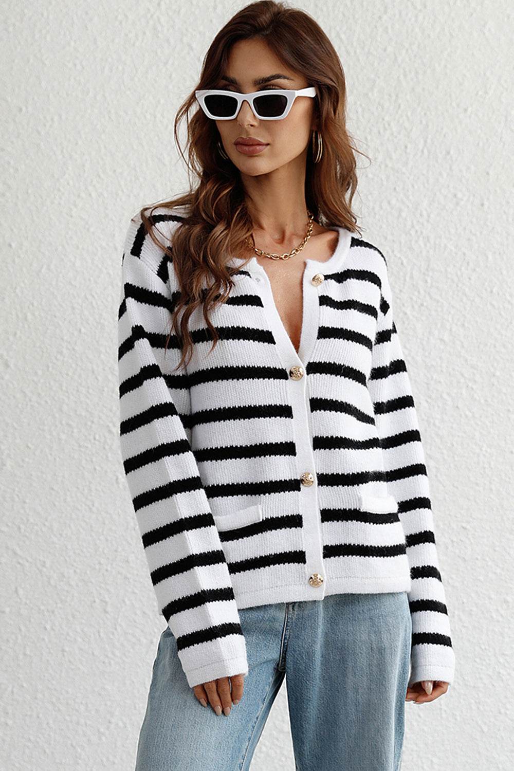 Striped Button Down Long Sleeve Cardigan - Delanoir