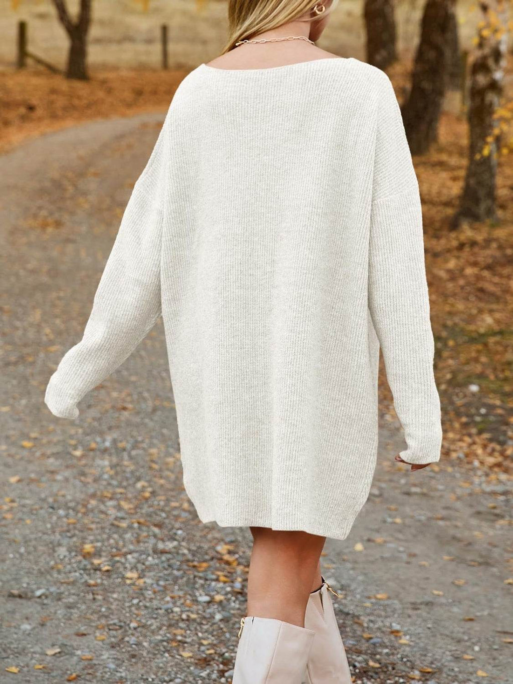 V-Neck Dropped Shoulder Sweater Dress - Delanoir