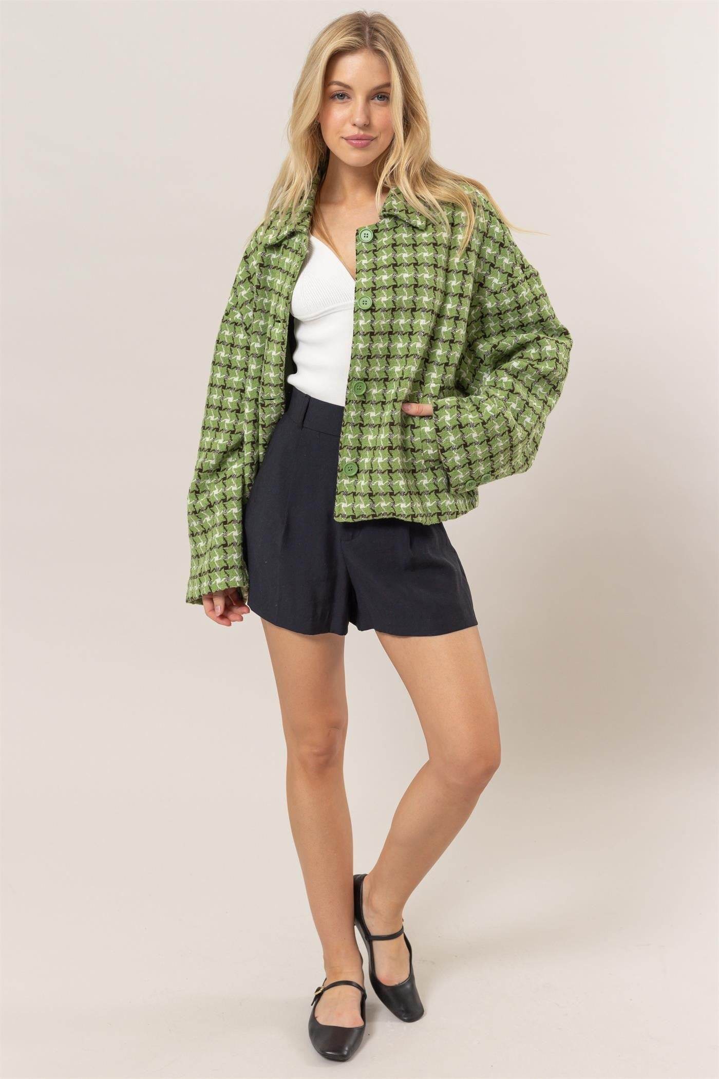 HYFVE Tweed Plaid Button Up Collared Neck Jacket - Delanoir
