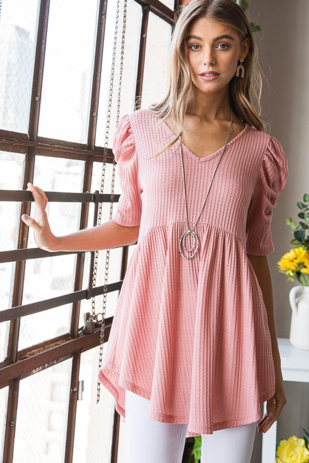 Heimish Full Size Waffle Knit V-Neck Babydoll Top - Delanoir