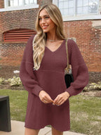 Perfee V-Neck Long Sleeve Sweater Dress - Delanoir