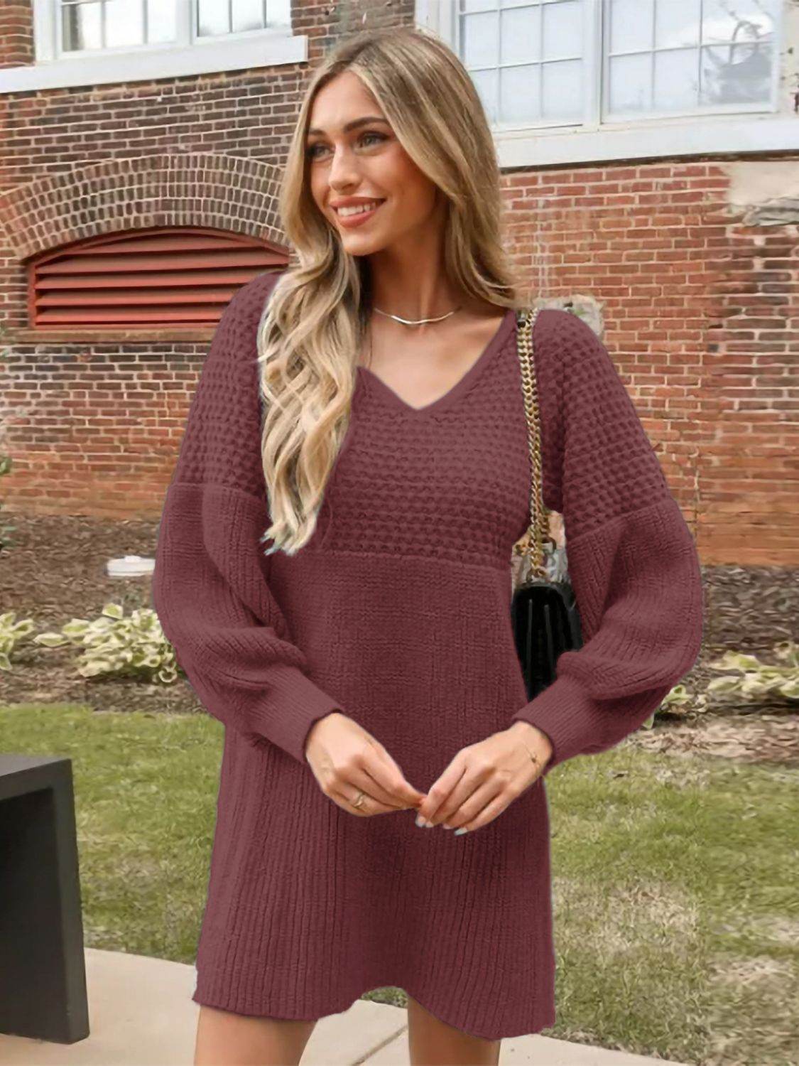 Perfee V-Neck Long Sleeve Sweater Dress - Delanoir