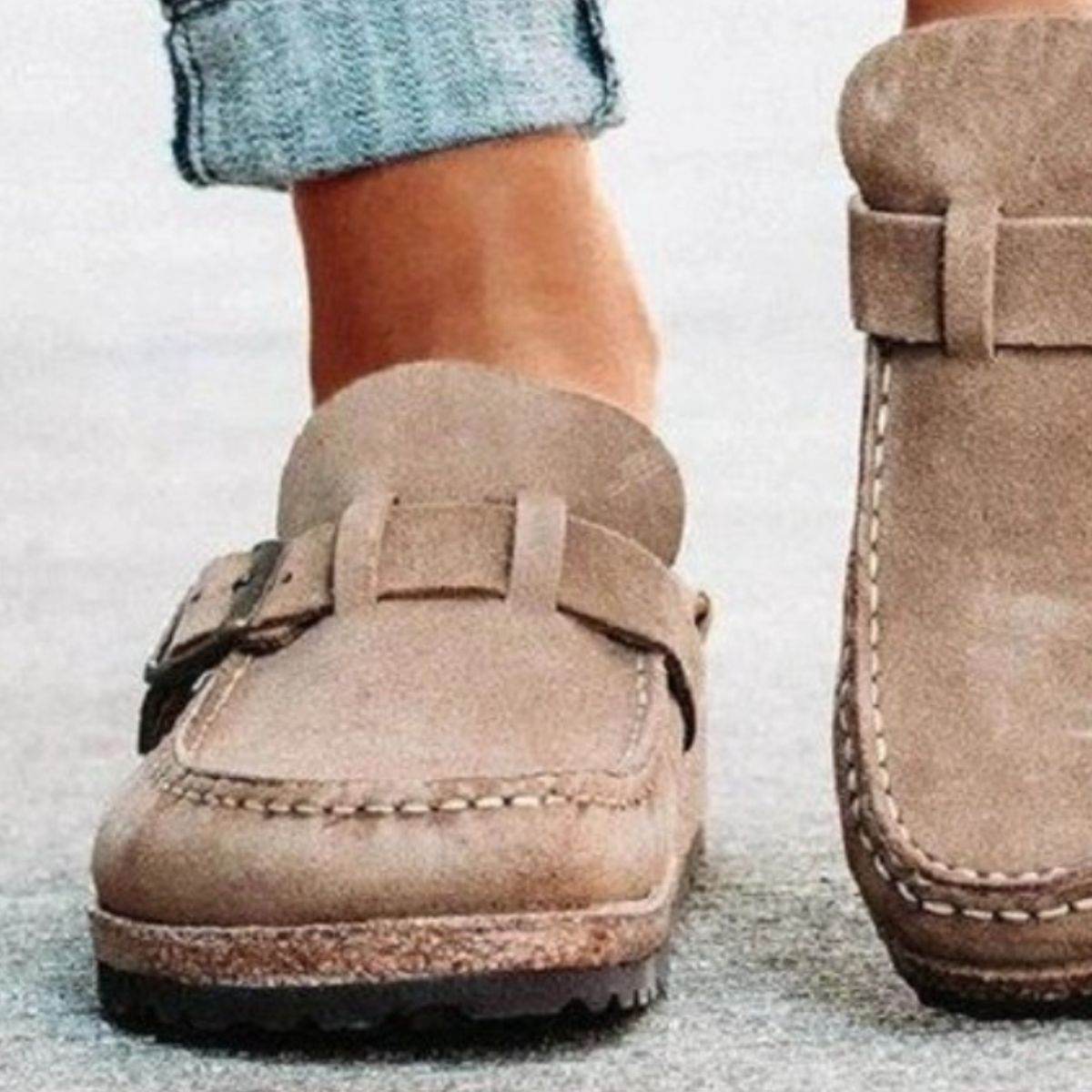 Round Toe Low Heel Buckle Loafers - Delanoir
