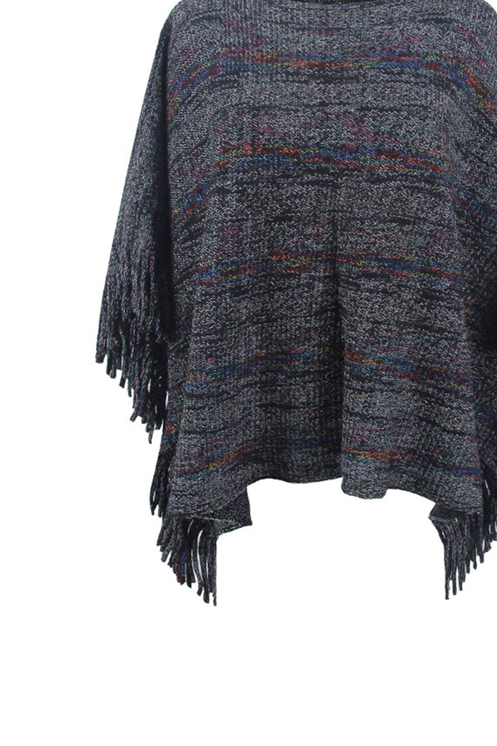 Round Neck Fringe Detail Sleeve Poncho - Delanoir