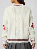 Star Embroidered V-Neck Long Sleeve Cardigan - Delanoir