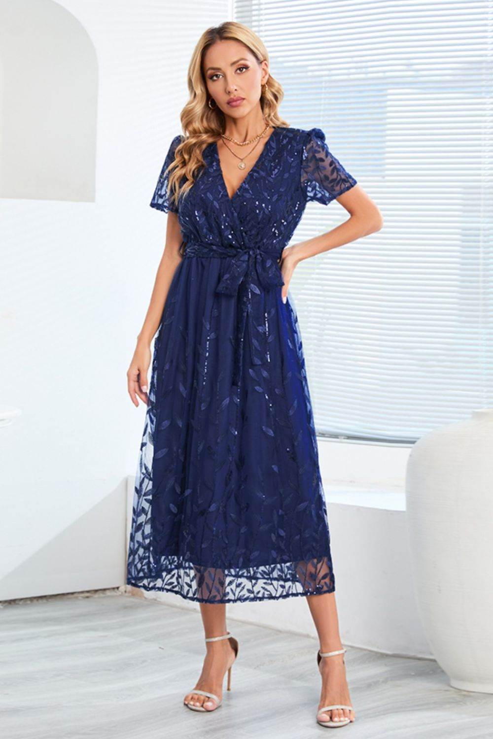 Sequin Leaf Embroidery Tie Front Short Sleeve Dress - Delanoir