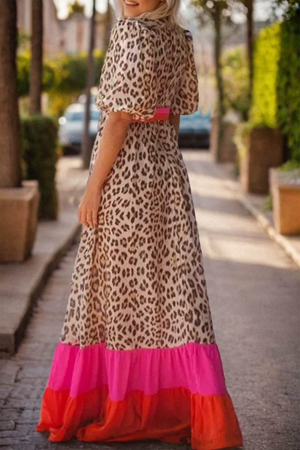 Full Size Leopard V-Neck Half Sleeve Maxi Dress - Delanoir