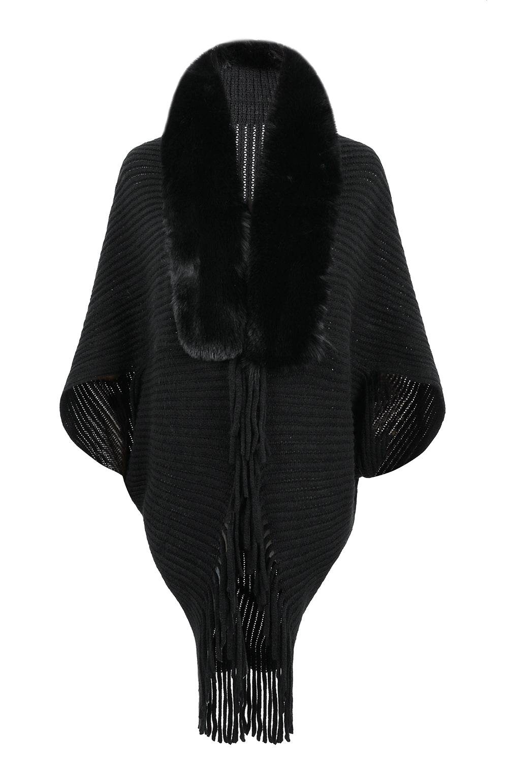 Fringe Detail Long Sleeve Ribbed Poncho - Delanoir