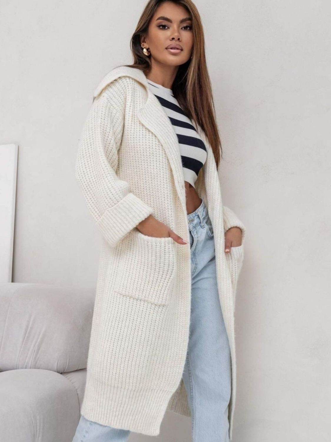 Pocketed Collared Neck Dropped Shoulder Cardigan - Delanoir