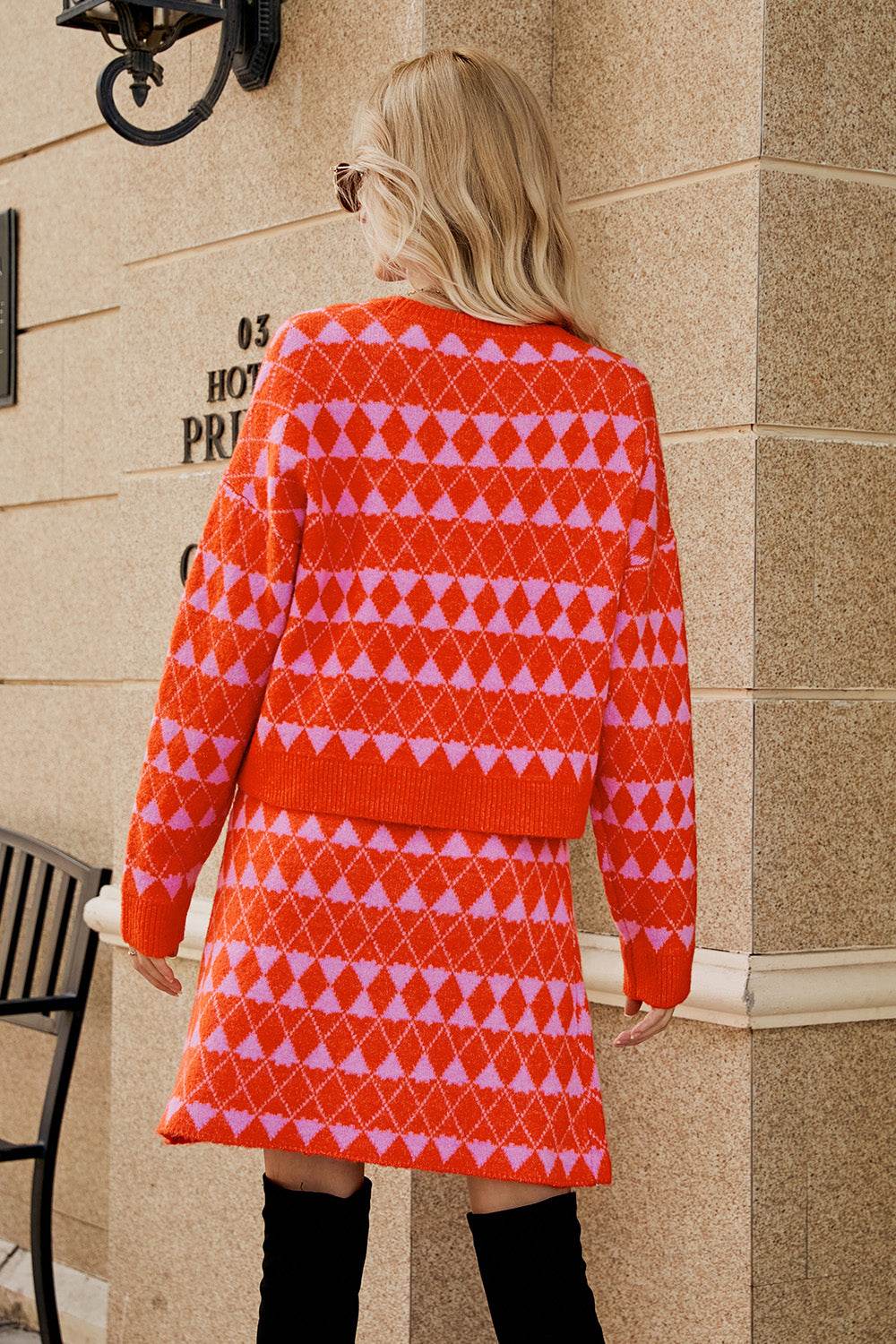 Geometric Button Front Cardigan and Skirt Set - Delanoir