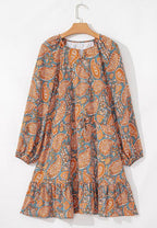 Ruffle Hem Printed Long Sleeve Dress - Delanoir