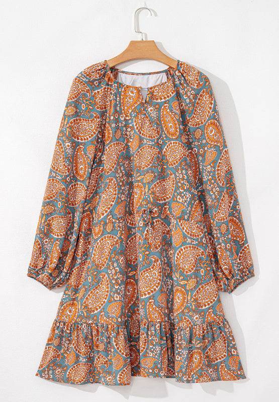 Ruffle Hem Printed Long Sleeve Dress - Delanoir