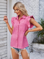 Ruffled Pocketed Collared Neck Cap Sleeve Denim Top - Delanoir
