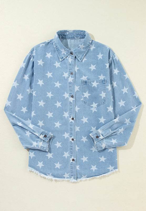 Raw Hem Star Collared Neck Denim Top - Delanoir