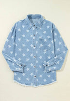 Raw Hem Star Collared Neck Denim Top - Delanoir