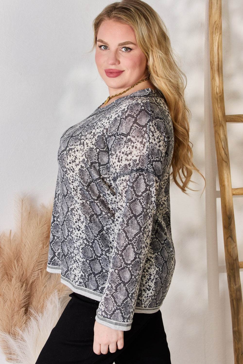 Hailey & Co Full Size Snakeskin V-Neck Long Sleeve Top - Delanoir