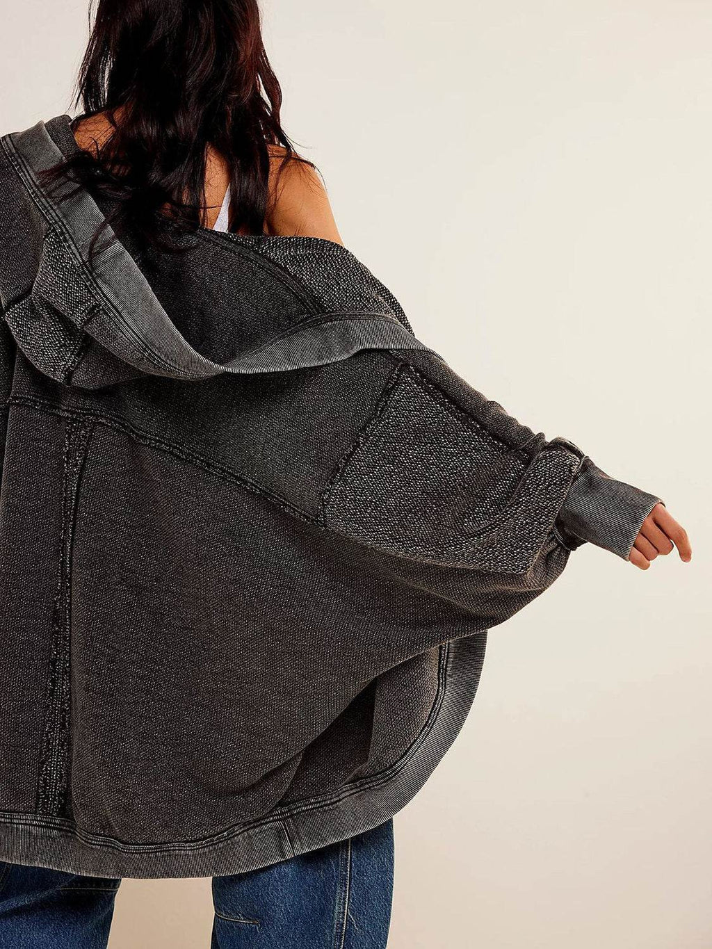 Exposed Seam Open Front Batwing Sleeve Hooded Cardigan - Delanoir