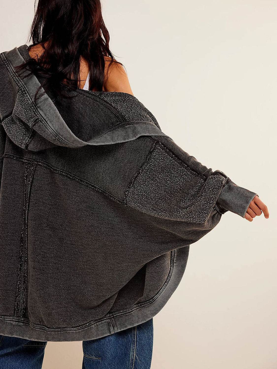 Exposed Seam Open Front Batwing Sleeve Hooded Cardigan - Delanoir