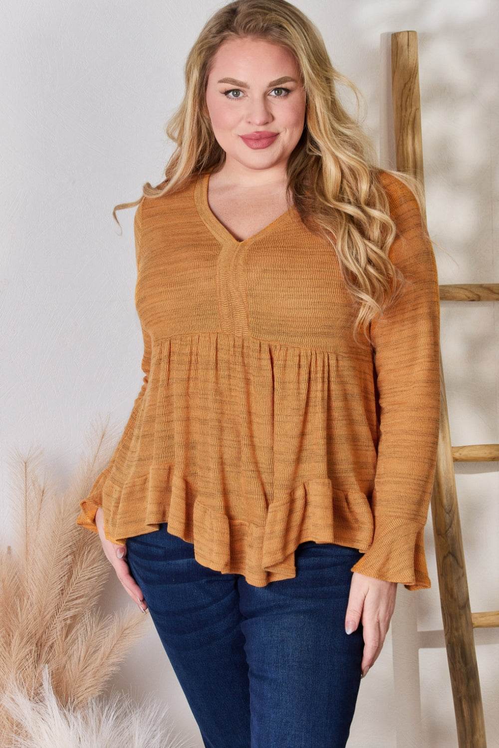 Hailey & Co Full Size V-Neck Flounce Sleeve Blouse - Delanoir