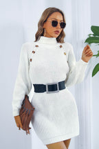 Buttoned Turtleneck Long Sleeve Sweater Dress - Delanoir