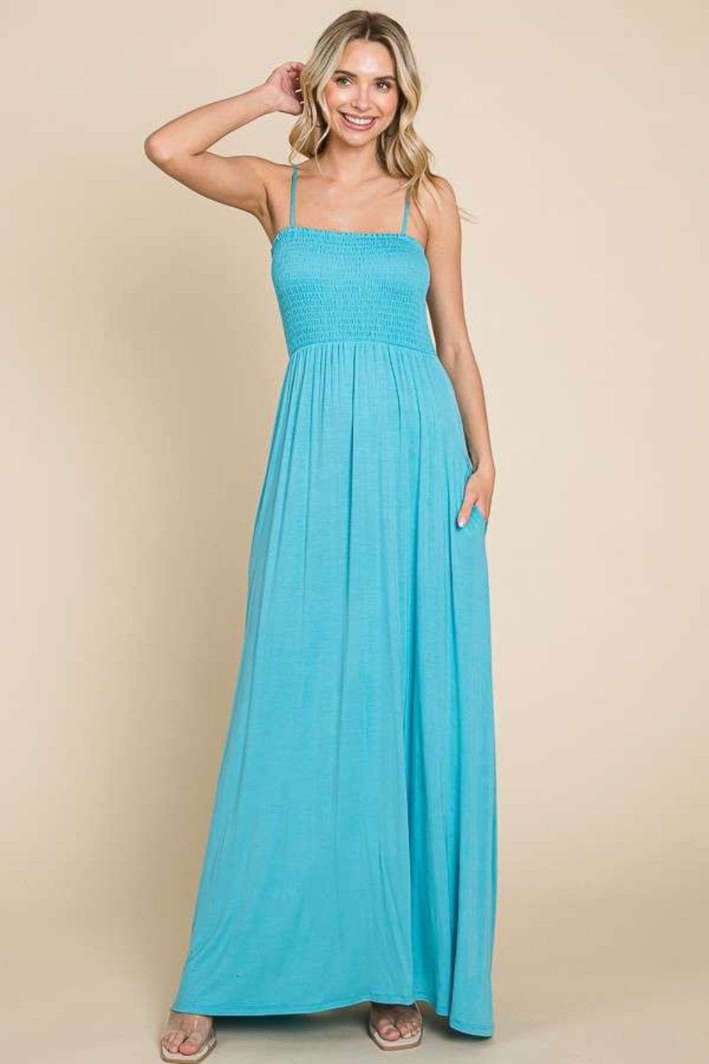 Culture Code Full Size Smocked Cami Maxi Dress with Pockets - Delanoir