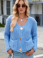 Round Neck Button Up Cardigan with Pockets - Delanoir