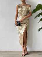 Honey Slit One Shoulder Short Sleeve Midi Dress - Delanoir