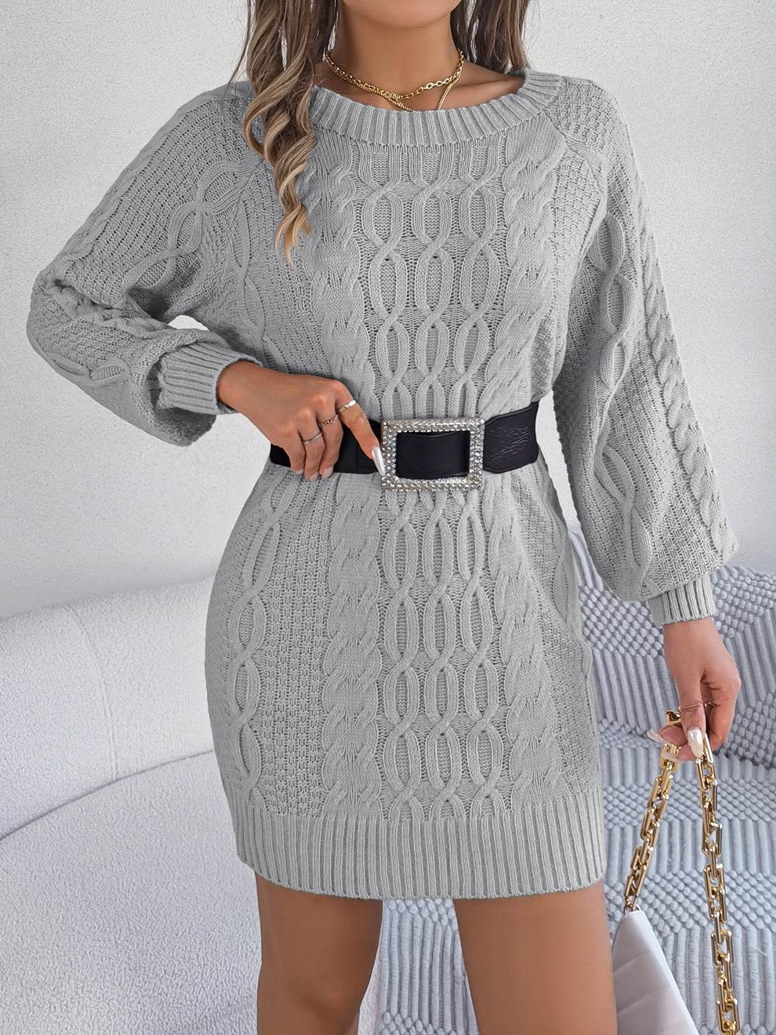 Cable-Knit Round Neck Sweater Dress - Delanoir