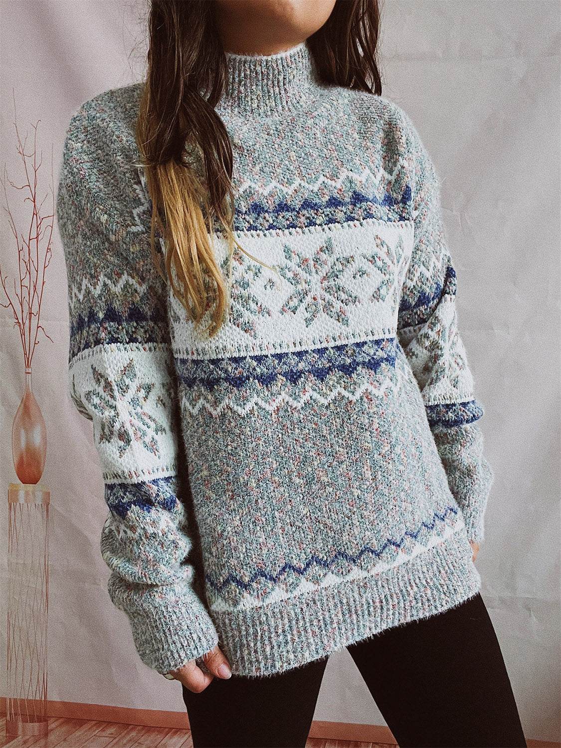 Geometric Mock Neck Dropped Shoulder Sweater - Delanoir