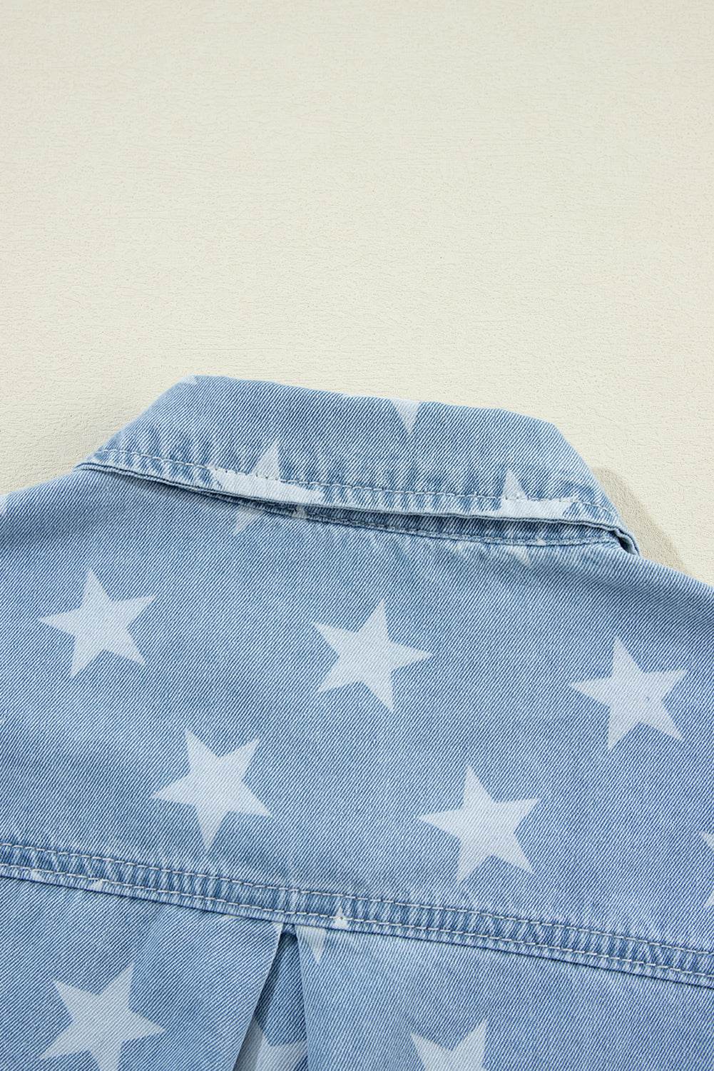 Raw Hem Star Collared Neck Denim Top - Delanoir