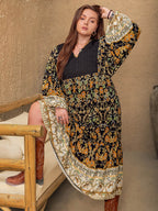 Plus Size Floral V-Neck Balloon Sleeve Midi Dress - Delanoir