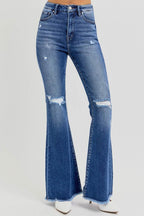 RISEN Full Size High Rise Distressed Raw Hem Flare Jeans - Delanoir