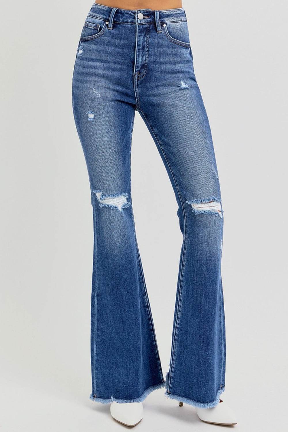 RISEN Full Size High Rise Distressed Raw Hem Flare Jeans - Delanoir