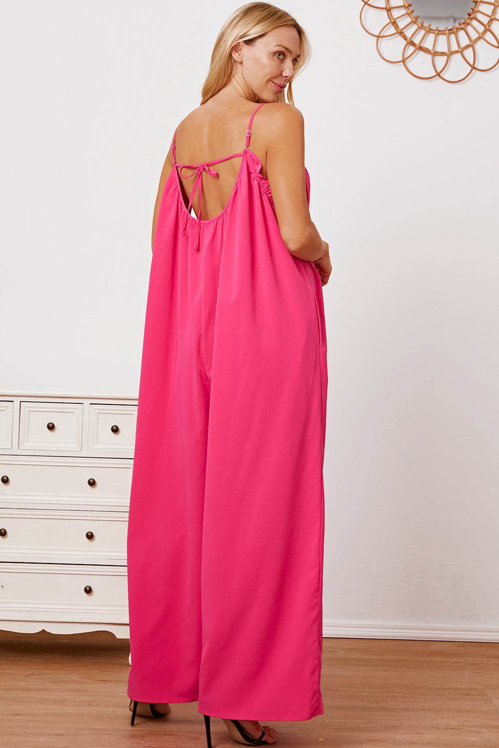 Double Take Full Size Ruffle Trim Tie Back Cami Jumpsuit with Pockets - Delanoir