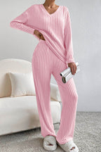 Ribbed V-Neck Top and Pants Lounge Set - Delanoir